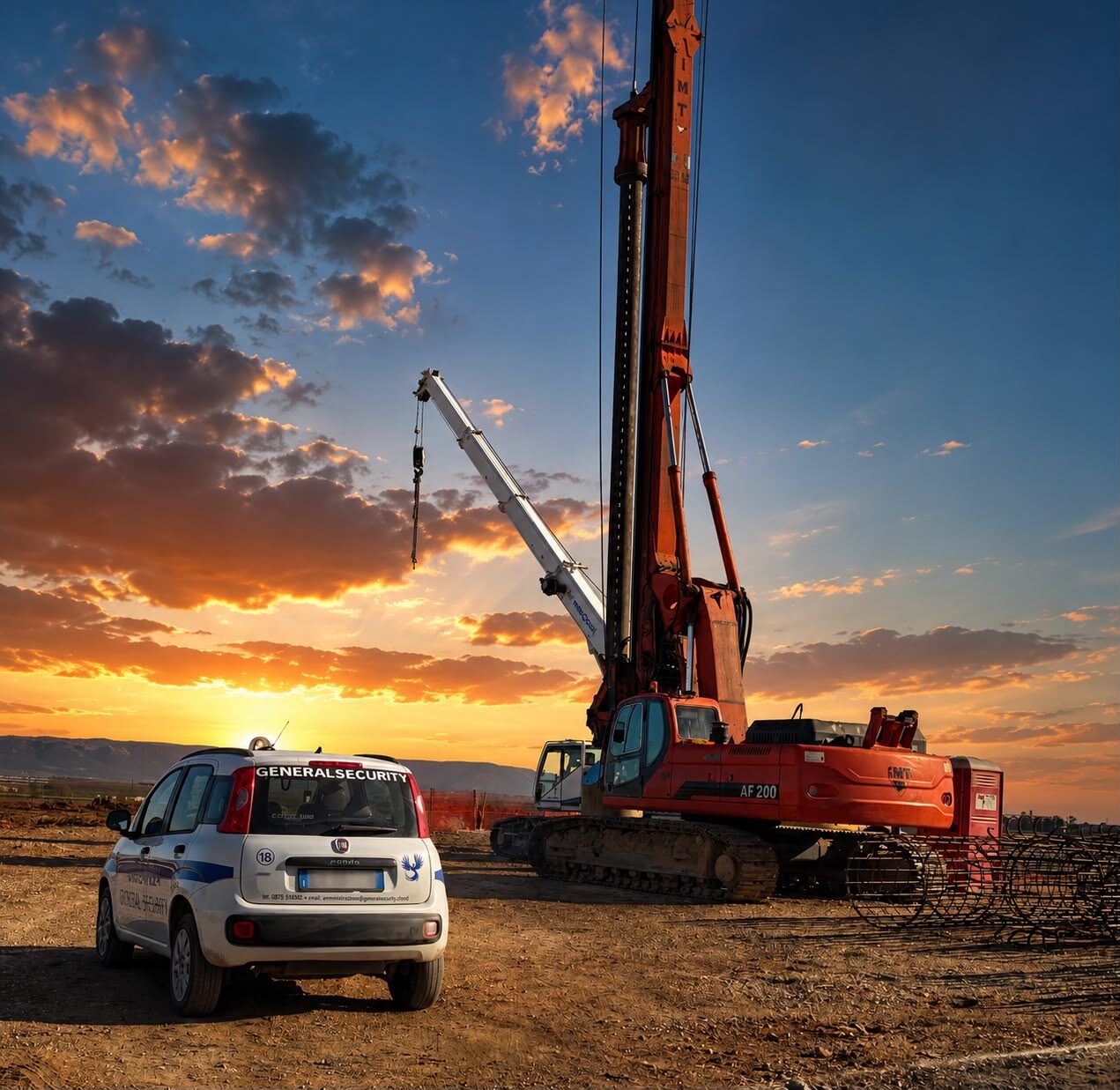Auto di pattuglia General Security a presidio di un cantiere al tramonto