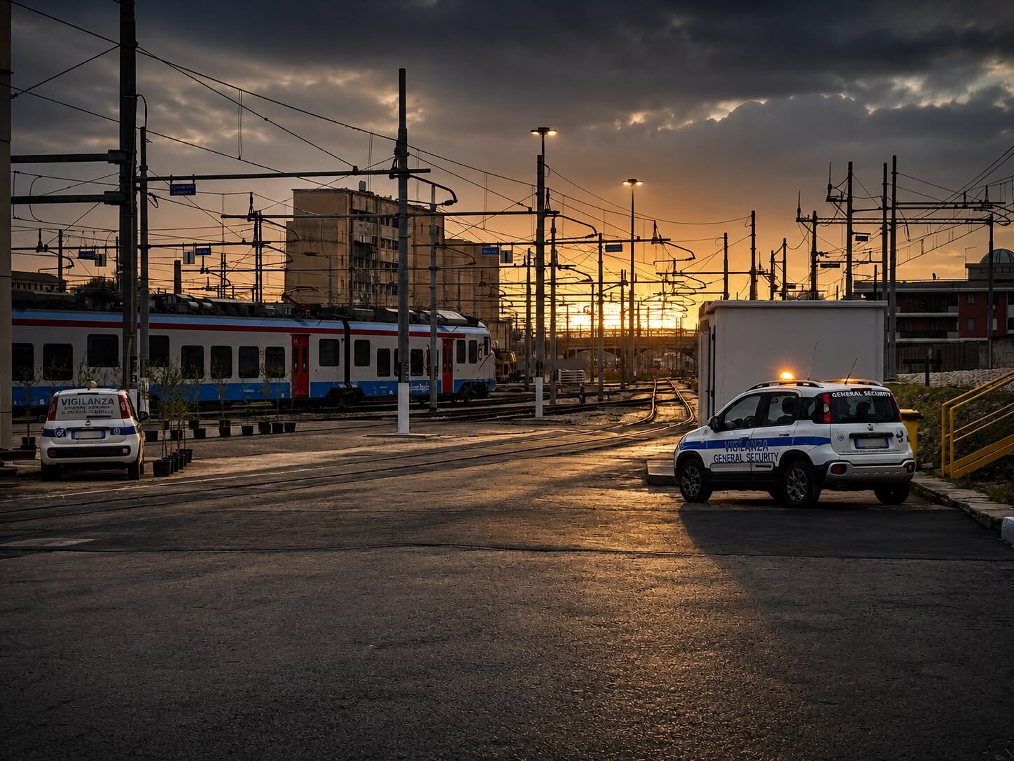 Auto di pattuglia General Security in deposito ferroviario al tramonto