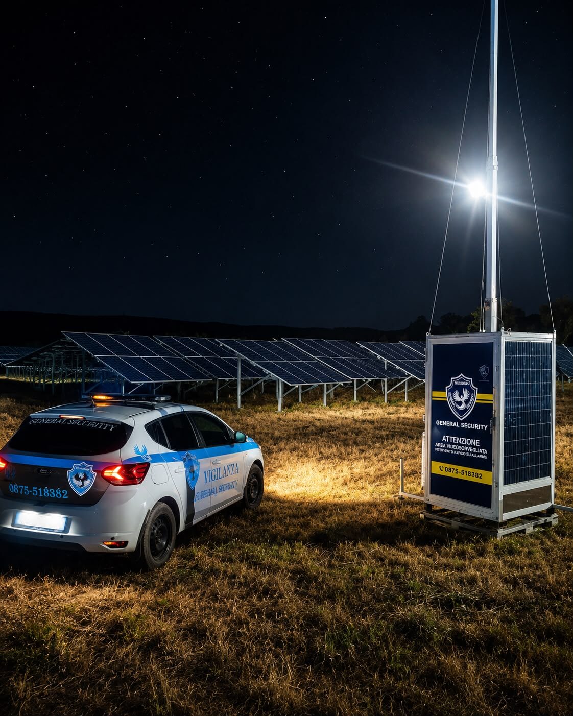 Vision Tower — torre di videosorveglianza autonoma General Security di notte in un impianto fotovoltaico